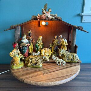 Vintage Nativity Manger w Fugi Music Box Silent Night Japan Mint Condition Video